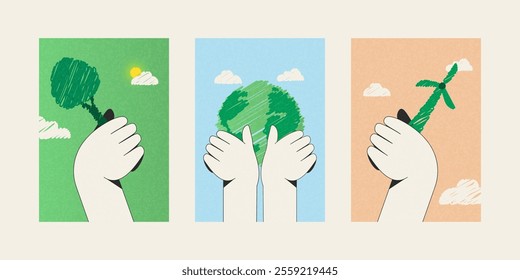 Set of Ecology concept. Set of hand holding Tree, Earth And Wind Turbine. Sustainable environment with renewable energy resources. Vector illustration.