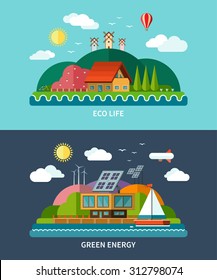 Set of ecology concept illustration backgrounds with icons of nature, environment, green energy and eco life. Eco house, windmill, solar panels, air balloon, sailboat. Flat design vector illustration