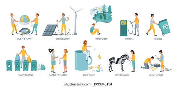 Conjunto de conceptos ecológicos, ilustración vectorial de diseño plano