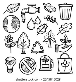 Set of ecology doodle illustrations with cute design isolated on white background