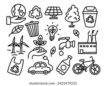 Set of ecology doodle illustrations on a white background. Ecology elements with doodle style