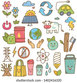 Set of ecology doodle in kawaii style vector illustration