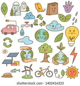 Set of ecology doodle in kawaii style vector illustration