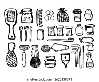 Set ecology doodles isolated on white background. Recycling. Vector outline illustration. Concept of refuse plastic, eco lifestyle and go green. Comb,cutlery,can,toothbrush,reusable,ceramic tableware.