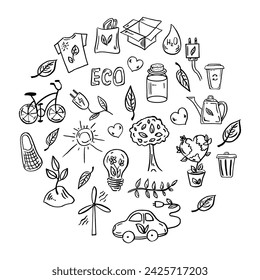 Conjunto de ecología. Elementos en círculo. Dibujado a mano doodle ilustración vectorial. Problema ecológico, reciclaje e iconos de energía verde. Símbolos ambientales.