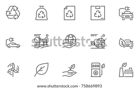 Set of Ecology Environment and Conservation Line Icons with Electric Car, Forest, Organic Farming and more. Editable Stroke. 48x48 Pixel Perfect.