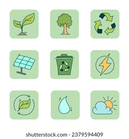 Set of ecology flat icon design. Ecology doodle icon collections.