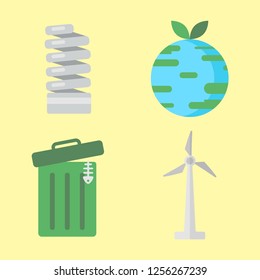 Set of  Ecology Flat Icons. Collection of  trash can, Earth planet, Spiral lamp and Windmill vector illustrations isolated on yellow background.