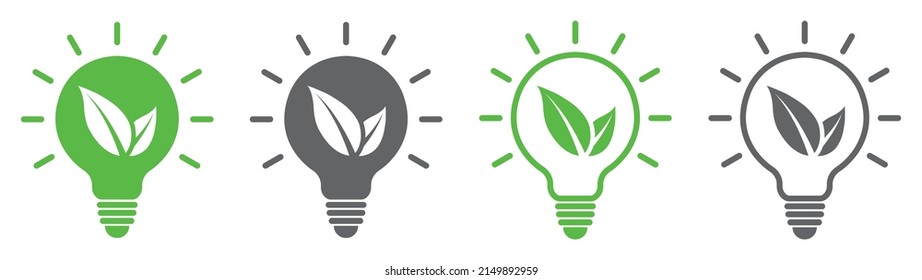 Set of ecology green bulb icons. Green bulb with leafs symbol. Leaf in the light bulb, plant. Ecological energy vector.