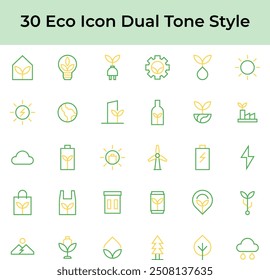 Set of Ecology Green Energy Nature Leaf Earth Battery Dual Tone Style Icon Bundle 