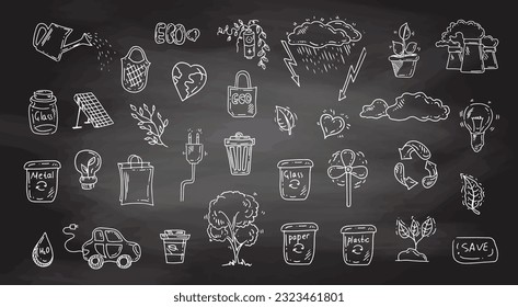 Set of ecology. Hand drawn design vector illustration on chalkboard background. Ecology problem, recycling and green energy icons in doodle style.