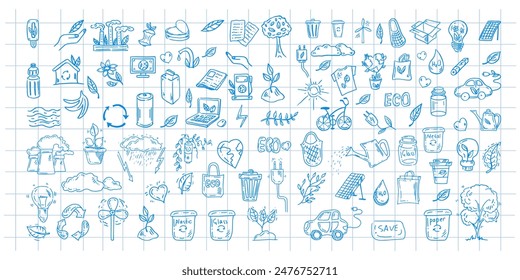 Set of ecology. Hand drawn design vector illustration. Ecology problem, recycling and green energy icons in doodle style on checkered notebook sheet background.