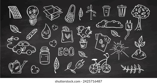 Conjunto de ecología. Dibujado a mano doodle ilustración vectorial sobre fondo de pizarra. Problema ecológico, reciclaje e iconos de energía verde. Símbolos ambientales. 