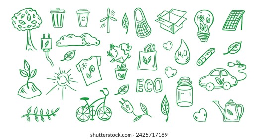 Set of ecology. Hand-drawn doodle vector illustration. Ecology problem, recycling and green energy icons. Environmental symbols.