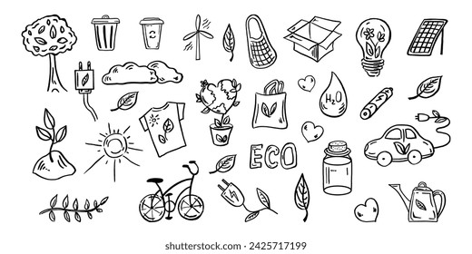 Set of ecology. Hand-drawn doodle vector illustration. Ecology problem, recycling and green energy icons. Environmental symbols.