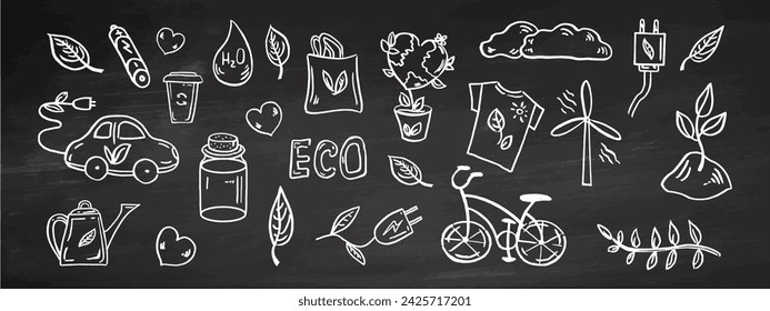 Set of ecology. Hand-drawn doodle vector illustration on chalkboard background. Ecology problem, recycling and green energy icons. Environmental symbols. 