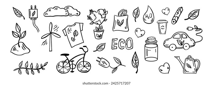 Conjunto de ecología. Dibujado a mano doodle ilustración vectorial. Problema ecológico, reciclaje e iconos de energía verde. Símbolos ambientales.