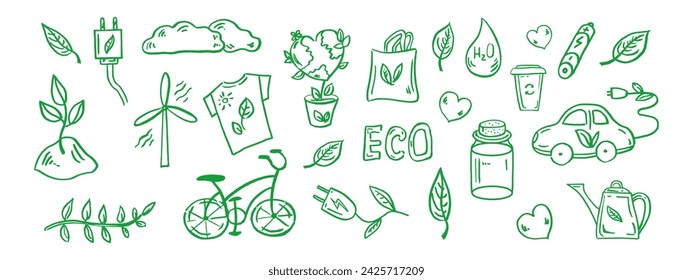 Set of ecology. Hand-drawn doodle vector illustration. Ecology problem, recycling and green energy icons. Environmental symbols.
