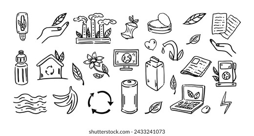 Set of ecology. Hand-drawn doodle vector illustration. Ecology problem, recycling and green energy icons. Environmental symbols.