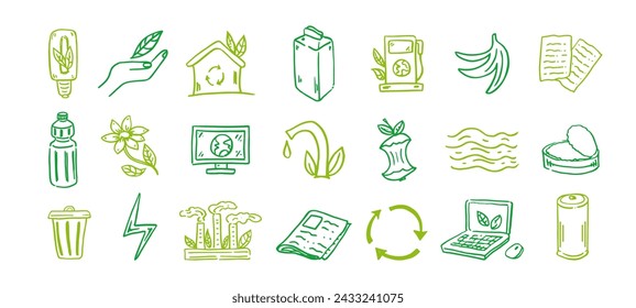 Conjunto de ecología. Dibujado a mano doodle ilustración vectorial. Problema ecológico, reciclaje e iconos de energía verde. Símbolos ambientales.