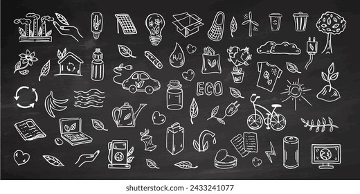 Set of ecology. Hand-drawn doodle vector illustration on chalkboard background. Ecology problem, recycling and green energy icons. Environmental symbols.