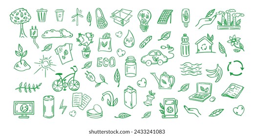 Set of ecology. Hand-drawn doodle vector illustration. Ecology problem, recycling and green energy icons. Environmental symbols.	