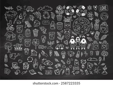 Set of ecology. Hand-drawn doodle vector illustration. Ecology problem, recycling and green energy icons on chalkboard background