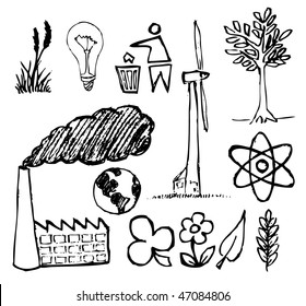 Set of ecology hand-drawn icons - doodles (vector)