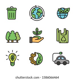 Set of ecology icon with filled line design. Ecology related vector illustration with simple design isolated on white background 