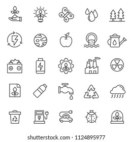 set of ecology icon with simple black line and modern concept use for web education and infographic assets, nature, green, biology, eco, energy, power, earth day.