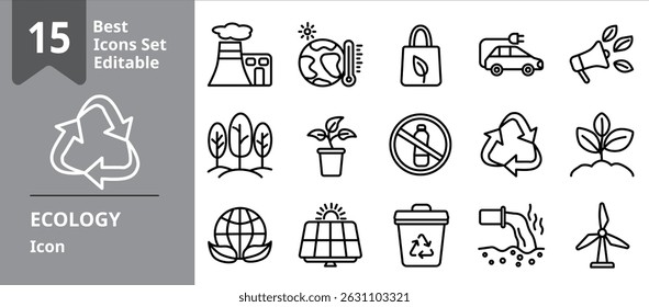 Set of Ecology icons. Icons Contains climate crisis, electric vehicles, recycle, solar energy, renewable, etc. Design elements for you projects.