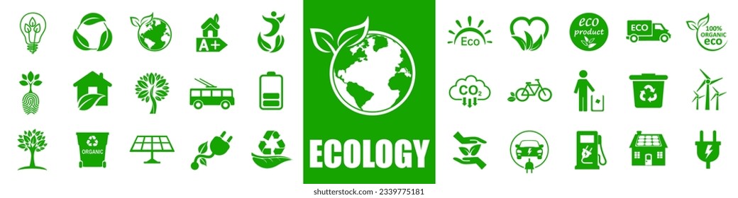 Umweltsymbole setzen, umweltgrüne Zeichen des Planeten, Naturökosymbol - Stockvektorgrafik