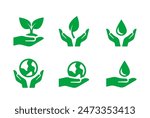Set Of Ecology Icons Featuring Hands Holding Plant, Leaf, Water Drop, And Earth Symbols. Vector Design Elements