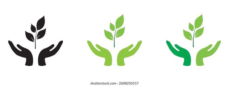 Set Of Ecology Icons Featuring Hands Holding Plant, Leaf, Water Drop, And Earth Symbols. Vector Design Elements