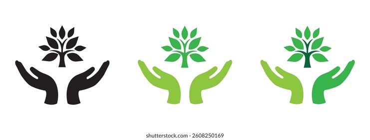 Set Of Ecology Icons Featuring Hands Holding Plant, Leaf, Water Drop, And Earth Symbols. Vector Design Elements
