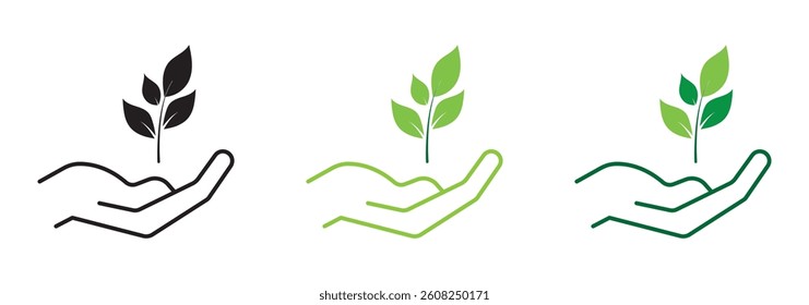 Set Of Ecology Icons Featuring Hands Holding Plant, Leaf, Water Drop, And Earth Symbols. Vector Design Elements