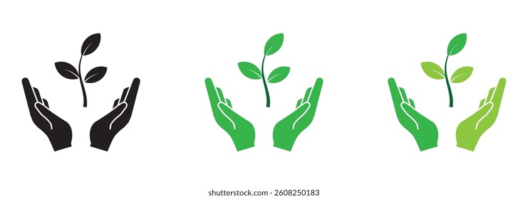 Set Of Ecology Icons Featuring Hands Holding Plant, Leaf, Water Drop, And Earth Symbols. Vector Design Elements