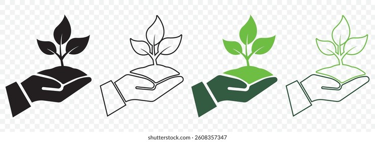 Set Of Ecology Icons Featuring Hands Holding Plant, Leaf, Water Drop, And Earth Symbols. Vector Design Elements on Transparent Background. EPS 10.