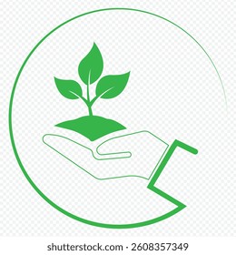Set Of Ecology Icons Featuring Hands Holding Plant, Leaf, Water Drop, And Earth Symbols. Vector Design Elements on Transparent Background. EPS 10.