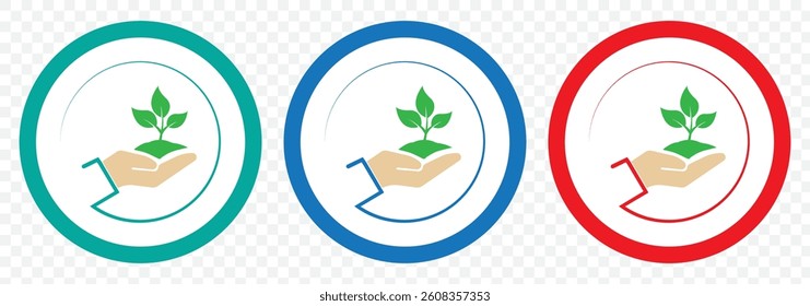 Set Of Ecology Icons Featuring Hands Holding Plant, Leaf, Water Drop, And Earth Symbols. Vector Design Elements on Transparent Background. EPS 10.