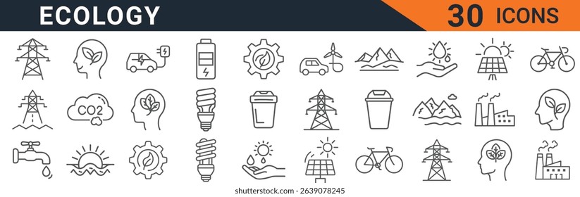 a set of ecology icons featuring sustainable energy, environment friendly lifestyle, and clean energy sources. vector illustration of line art design elements for ecological themes.