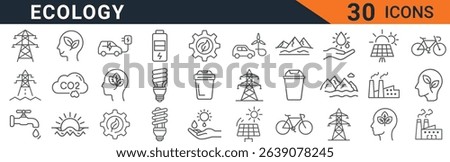 a set of ecology icons featuring sustainable energy, environment friendly lifestyle, and clean energy sources. vector illustration of line art design elements for ecological themes.