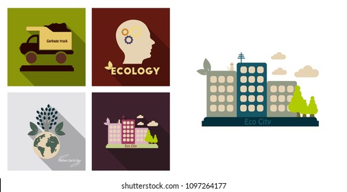 Set of ecology icons in flat style with shadow