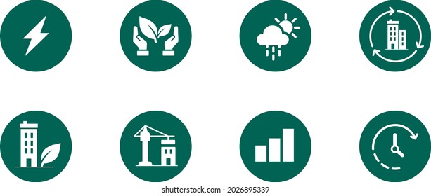 Conjunto de iconos ecológicos enfocados en edificios flexibles, circulares, cognitivos que son resistentes al clima y positivos a la energía