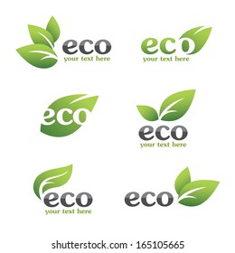 Set of ecology icons with green leaves in vector