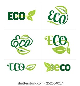 Set of ecology icons with green leaves in vector