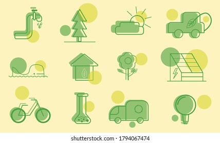 Set of ecology icons with green outline and element, modern minimalism style with energy, reuse and electricity. Eps 10 stock vector