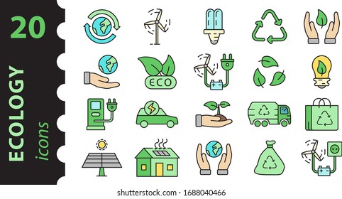 A set of ecology icons. Linear characters in color in a modern flat style. Simple vector illustration.