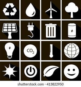 Set of ecology icons on the black background. Vector illustration. 