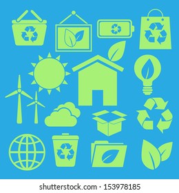 Set of ecology icons on blue background, stock vector